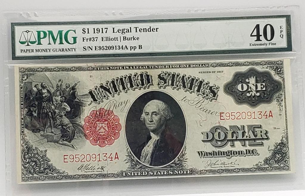 $1 1917 Legal Tender Large Note PMG40 EF EPQ: Extremely Fine, Exceptional Paper Quality. FR#27 Elliot | Burke. Red Seal!