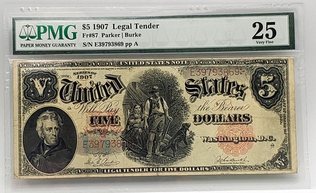 $5 1907 Legal Tender Large Note PMG 25 (1 of 2)
