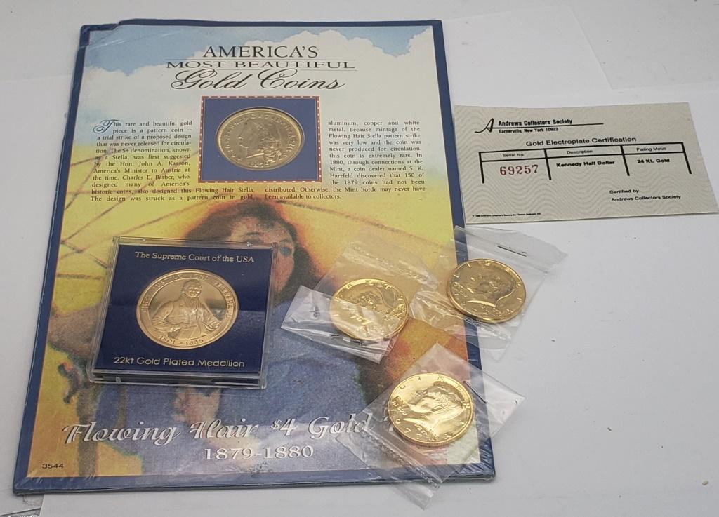 3-24kt GOLD ELECTROPLATED KENNEDY 50c;: AMERICA'S MOST BEAUTIFUL FLOWQING HAIR $4 GOLD "COPY"; 22kt GOLD PLATED SUPREME COURT PROOF COIN