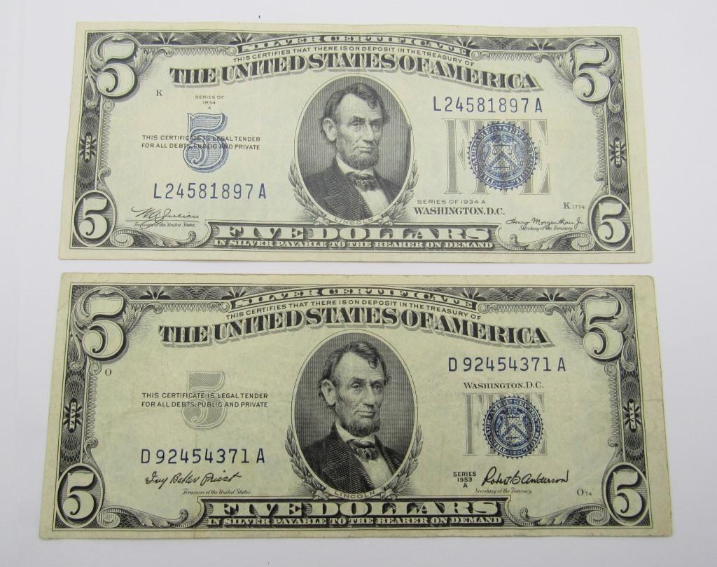 1934A & 1953A $5 SILVER CERTIFICATES (1 of 2)