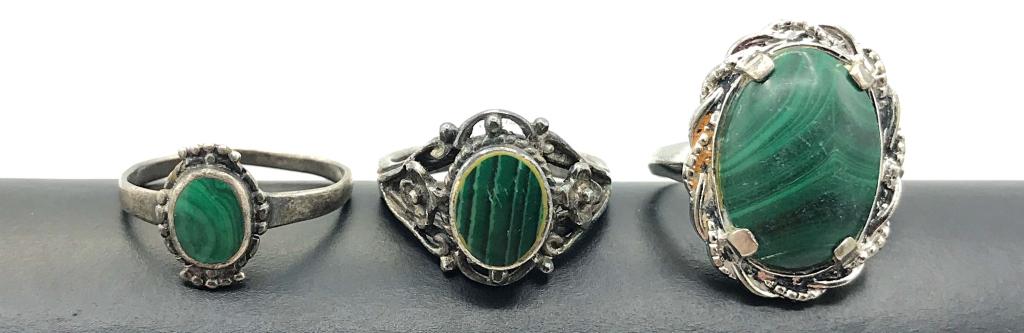 3 RINGS WITH MALACHITE STONES SIZE 5 & 6: 6.4 DWT TOTAL