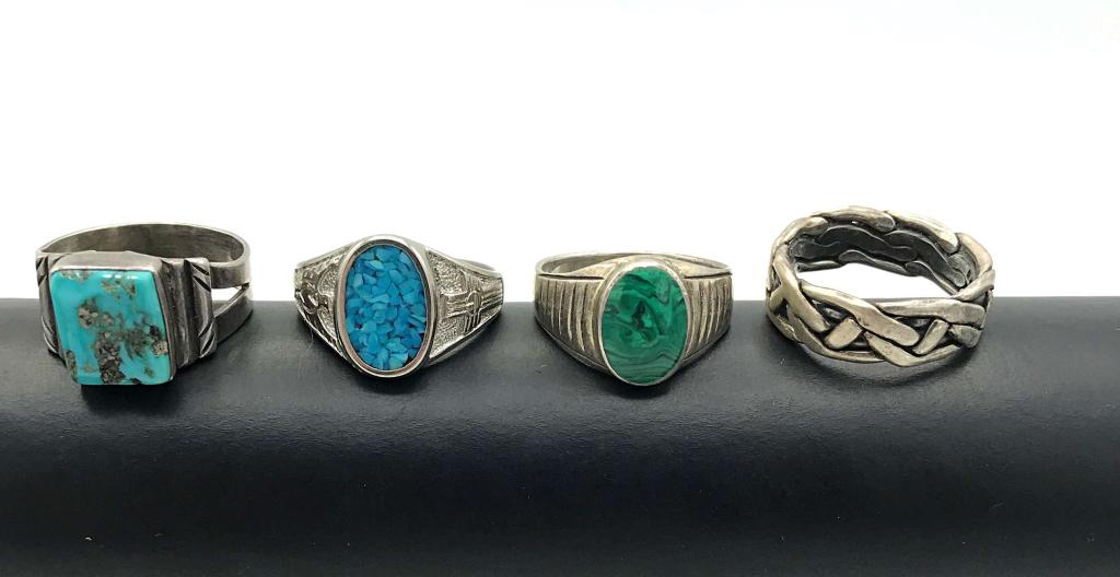 4 NAVAJO RINGS TURQ, MALACHITE, ROPE: 16.6 DWT TOTAL SIZES 10-11