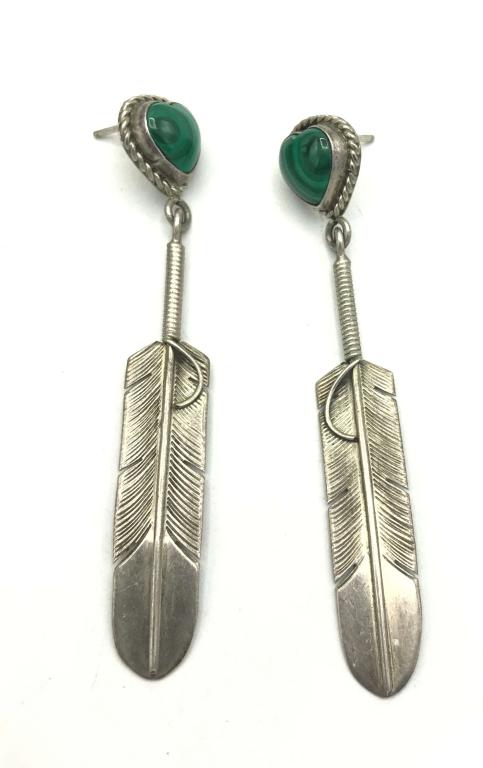 LENA PLATERO MALACHITE DANGLE FEATHER EAR: EARRINGS HEART MALACHITE EARRINGS WITH DANGLE FEATHERS 6.1 DWT TOTAL