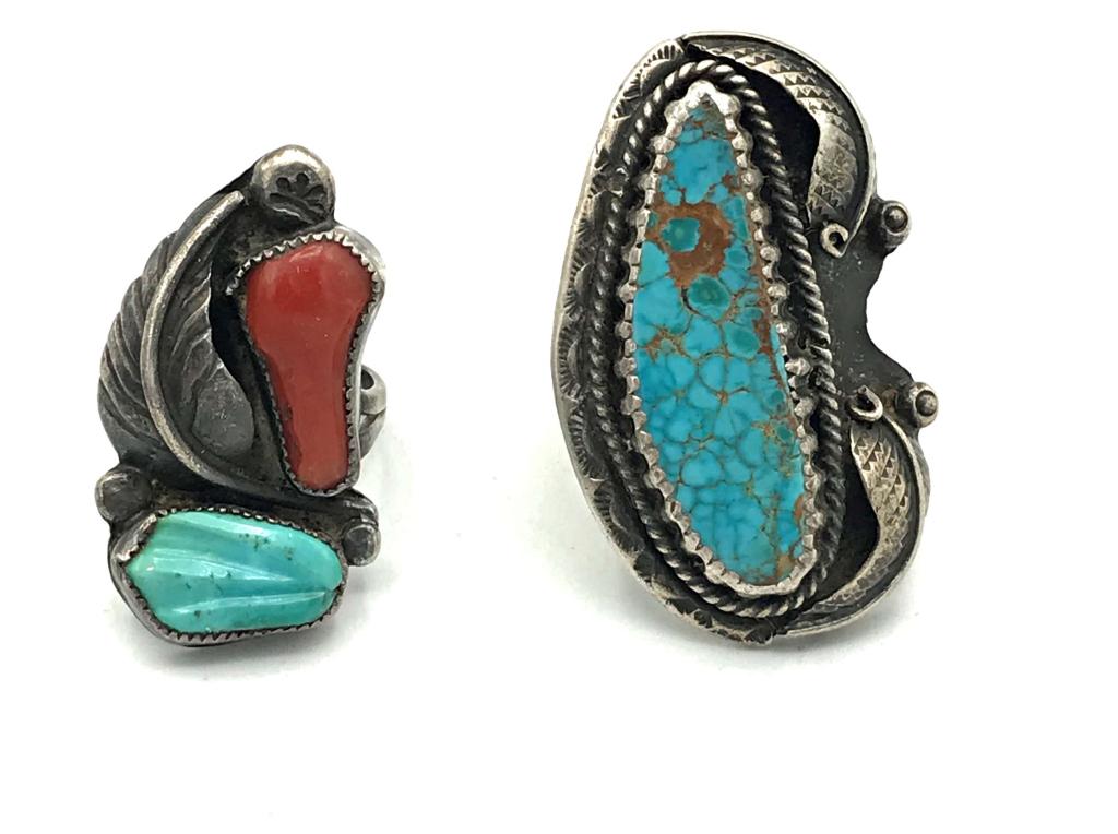 2 NAVAJO RINGS W LARGE STONES TURQ/CORAL (1 of 4)