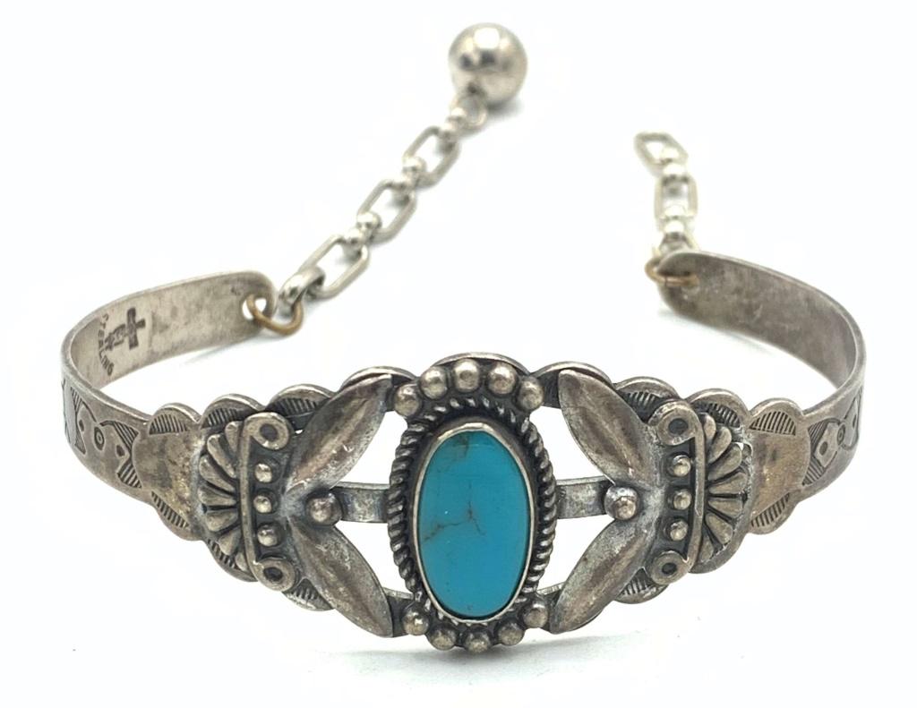 .925 BANGLE, TURQUOISE STONE NAVAJO: ENGRAVINGS-- UNSURE IF PIECE IS MISSING CLIP- EASY TO FIX! SEE PHOTOS 10.9 DWT TOTAL