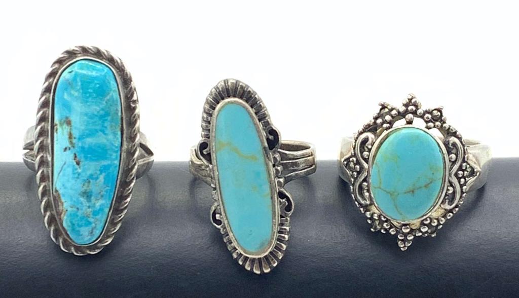 3 STERLING RINGS WITH TURQ STONES SZ 4-8 (1 of 3)