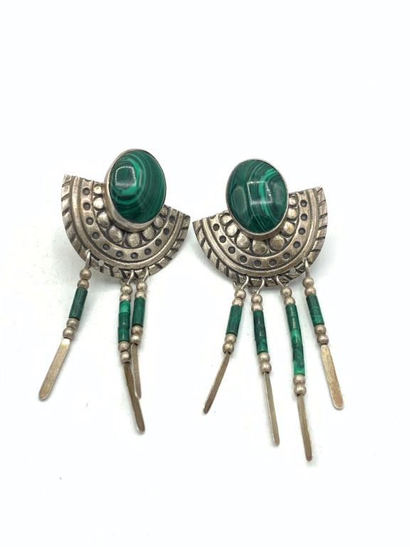 STERLING EARRINGS WITH MALACHITE STONES: 3.9 DWT TOTAL