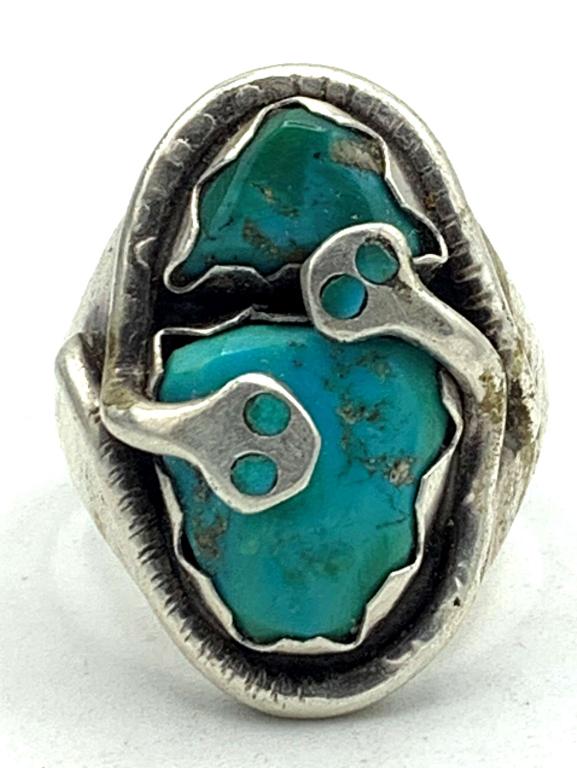 EFFIE C. ZUNI RING W SNAKE TURQUOISE SZ12 (1 of 6)