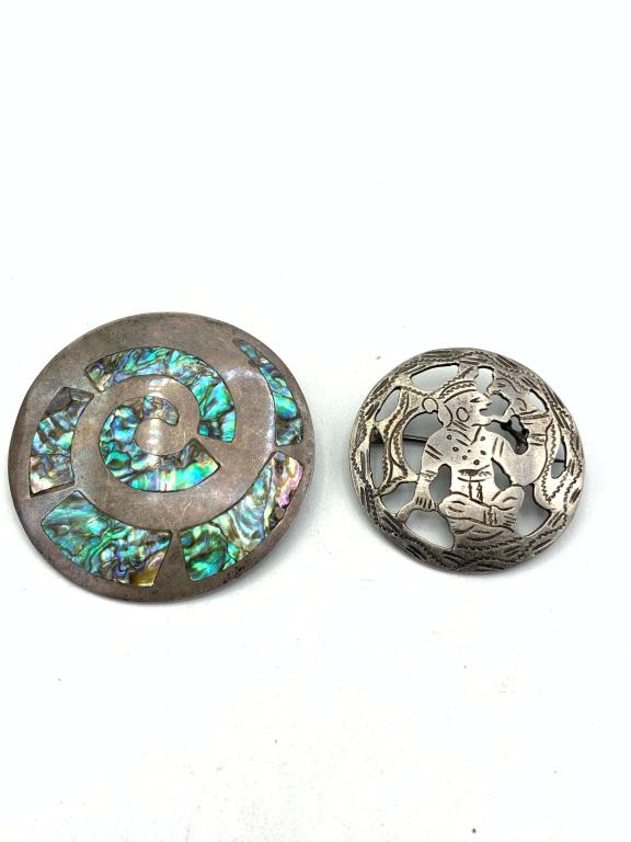 2 MEXICO BROOCHES 1-ABALONE .925: 7.8 DWT TOTAL