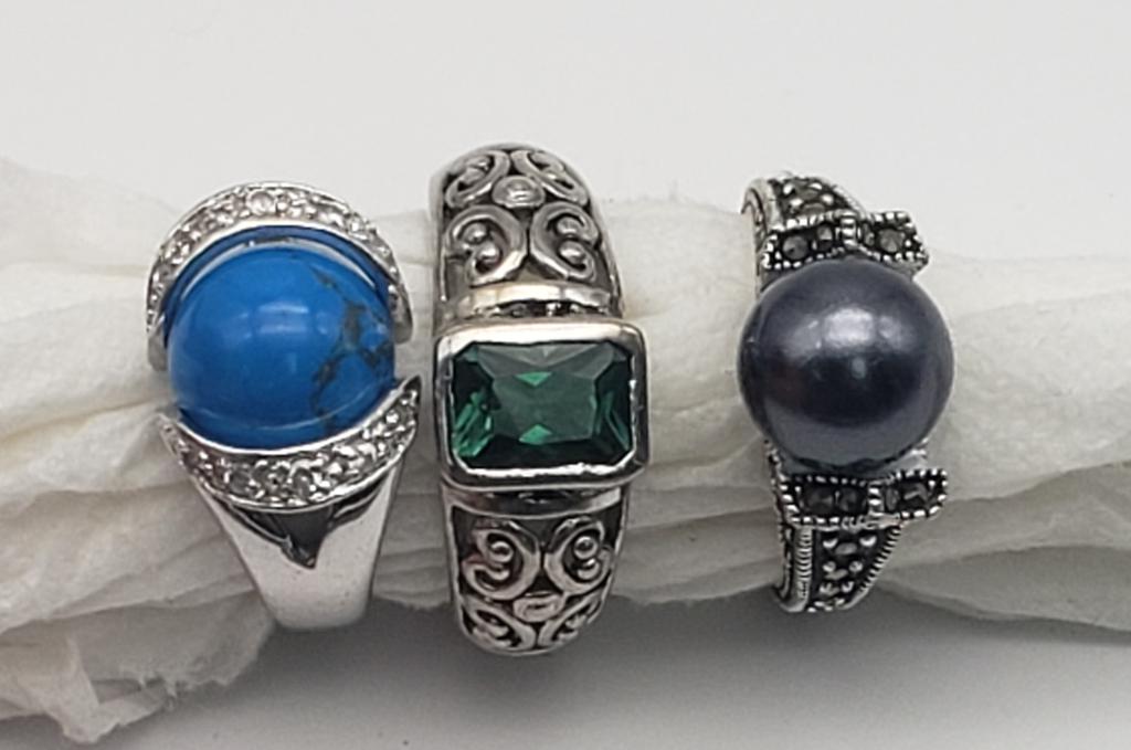 3-STERLING RINGS FAUX PEARL/GREEN STONE ACCENTS: MARCASITE, GRAY FAUX PEARL, TURQUOISE BEADS. VARIOUS SIZES 7-8. TOTAL 12.4 DWT