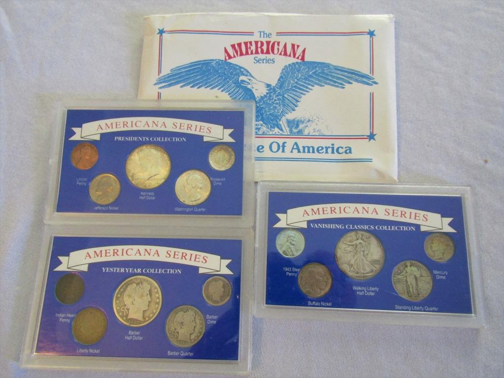 THE AMERICANA SERIES 3pc TRIBUTE SETS: VANISHING CLASSICS w/WALKING LIBERTY 50c, STANDING LIB 25c, MERCURY 10c, BUFFALO 5c & STEEL 1c; YESTERYEAR COLLECTION w/BARBER 50c, 25c, 10c, "V" NICKEL, INDIAN 1c; PRESIDENTS COLLECTION w/1964 KENNED