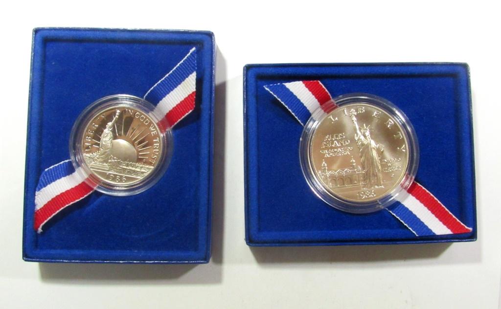 1986 STATUE of LIB SILVER UNC DOLLAR &: PROOF CLAD HALF - BOTH ORIGINAL BOX/COA