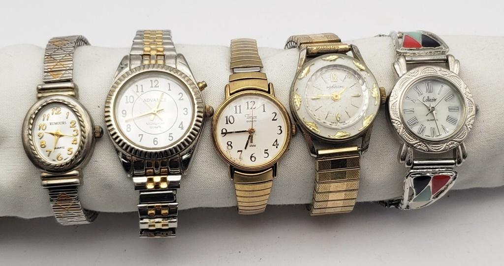 5-MIX WRIST WATCHES-TIMEX-COLLEZIER-RUMOURS-ADVANC: ALL CONSIDERED NON WORKING UNLESS MENTIONED- CHECK OUT OUR WEEKLY AUCTIONS TODAY!