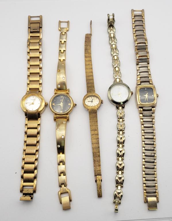 5-WOMAN'S GOLD TONED WRISTWATCHES: CALLEZIO, TIMEX, WITTNAUER, QUARTZ. ALL WATCHES ARE UNTESTED