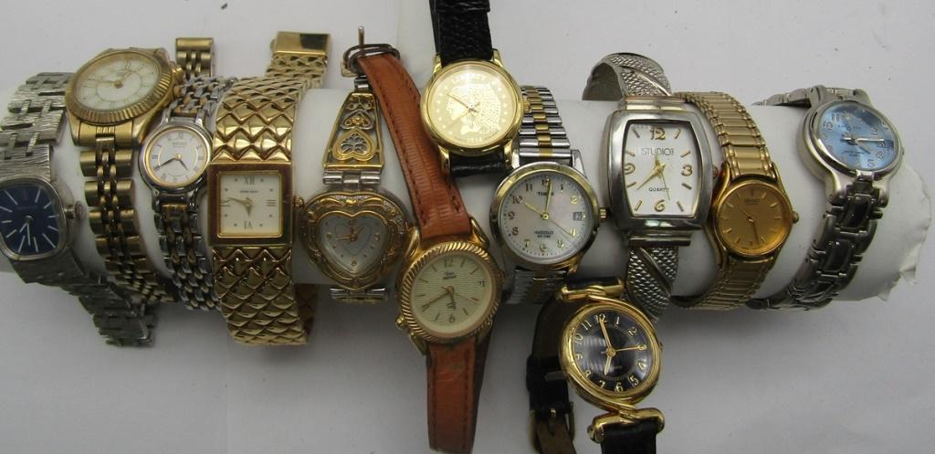 12-LADIES WRIST WATCHES - SOME NICE BRANDS: SEIKO, TIMEX, STUDIO & MORE - SOME RUNNING - NEEDS BATTERIES