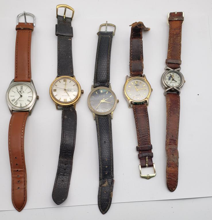 5-UNISEX WRISTWATCHES WITH LEATHER BANDS!: PCA, TIMEX, TIME AMERICA, LTD, MILAN. ALL WATCHES ARE UNTESTED