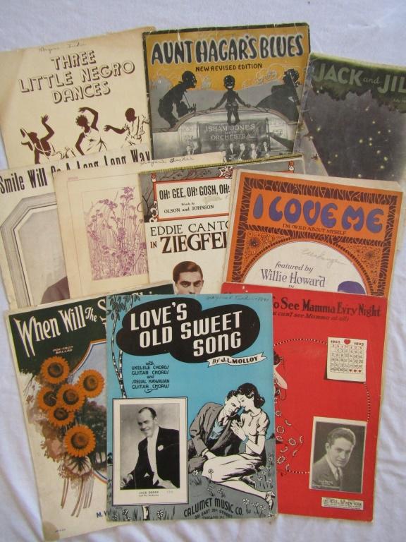 BLACK AMERICANA SHEET MUSIC & VINTAGE SHEET MUSIC: 2pc BLACK AMERICANA (1 missing back page); 8-OTHER 1940's SHEET MUSIC / LOVE SONGS & 1943 JACK and JILL BOOK