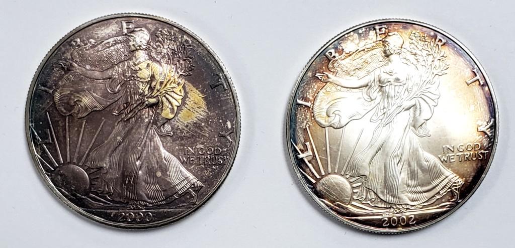 2 - 2000 and 2002 American Silver Eagle 1 oz Fine: Silver 999