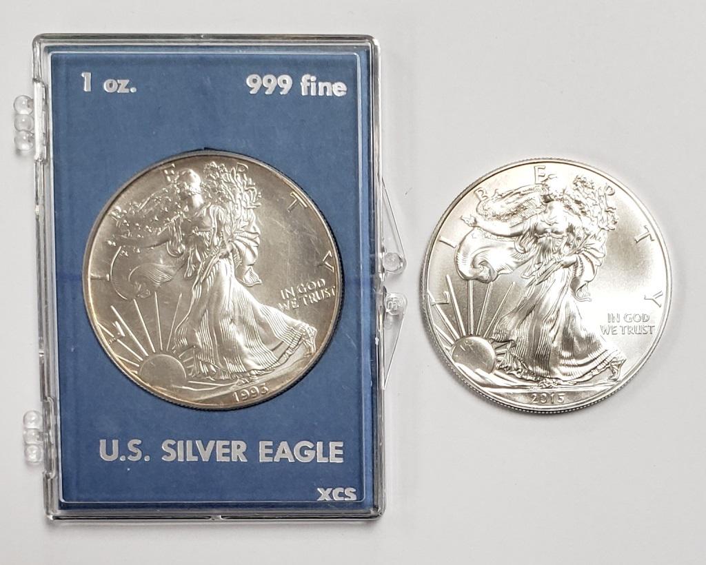 2 - 2015 and 1993 American Silver Eagles 1 oz 999: REGISTER TO BID TODAY!