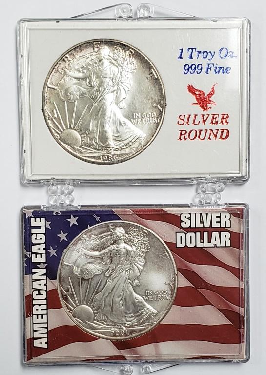 2 - 1986 and 2001 American Silver Eagles 1 oz 999: REGISTER TO BID TODAY!