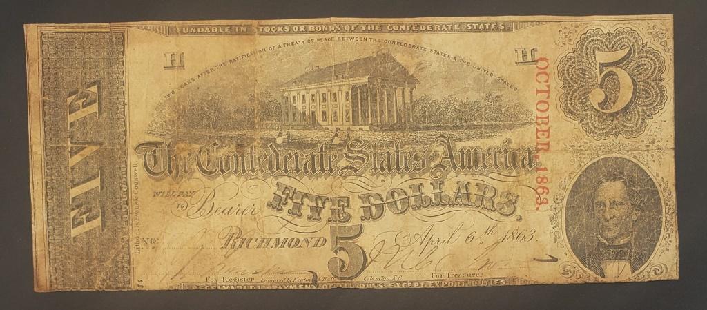 1863 $5 CONFEDERATE STATES of AMERICA NOTE: APRIL 6, 1863 RICHMOND