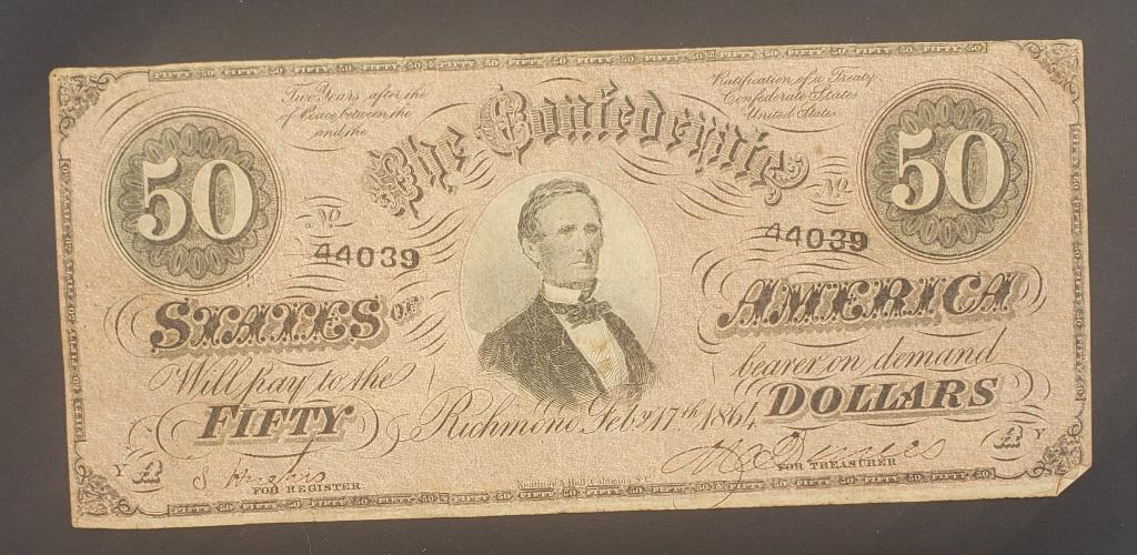 1864 $50 CONFEDERATE STATES of AMERICA NOTE: NICE CONDITION - FEB 17, 1864 RICHMOND