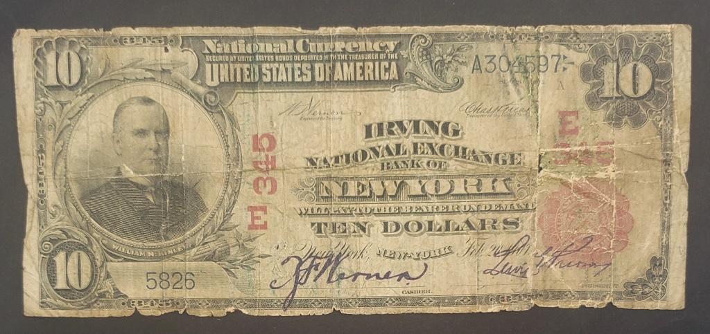 1902 $10 NATIONAL CURRENCY IRVING NEW YORK: TEN DOLLARS NATIONAL EXCHANGE BANK OF NEW YORK
