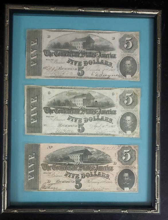 3pc CONFEDERATE NOTE LOT in FRAME: 1862 $5, 1863 $5, 1864 $5 - ALL NICE