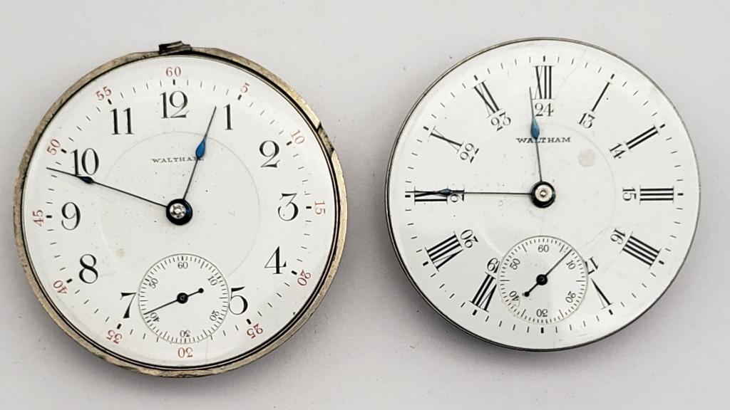 2 Antique Waltham Pocket Watch Movements: Grade 825. Both are for parts or repair. Serial Numbers 15607394 & 13060757, Size 18, 17 Jewels. Balances seem fine. Unsure what repairs are needed.