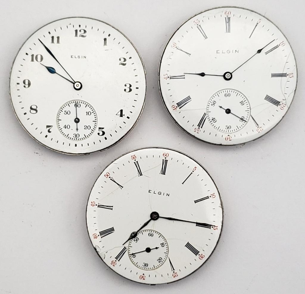 3 Antique Eligin Pocket Watch Movements: Grade 290. All are for parts or repair. Grade 290, 7 Jewels, Size 16, Serial Numbers, 11267997, 24075407, 14740987. They all tick when shook for a short time. Balances seem good. Unsure what repairs a