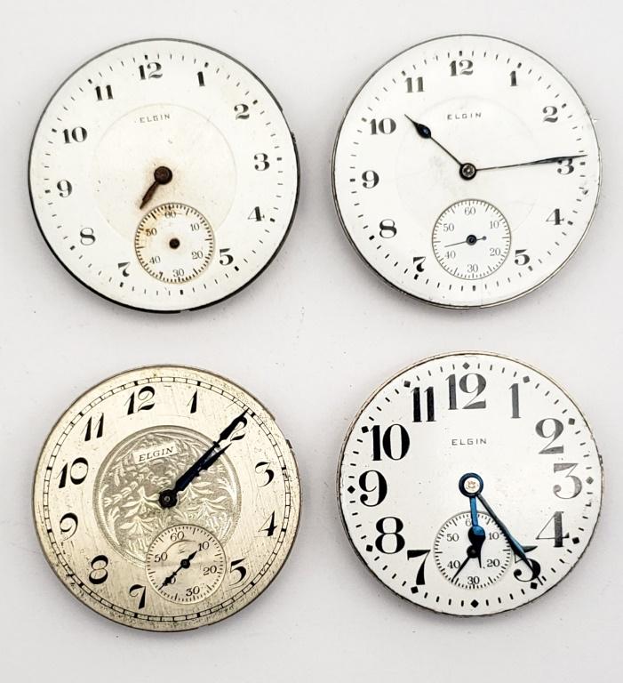 4 Antique Elgin Pocket Watch Mvmts 158, 313,: 387. All are for parts or repair. The 158 & 313 tick when shook. Both of the 387's do not tick when shook. All are size 16. Grades 158 (SN7415293) & 313 (SN27444158) are 15 Jewels and the 387's (SN216