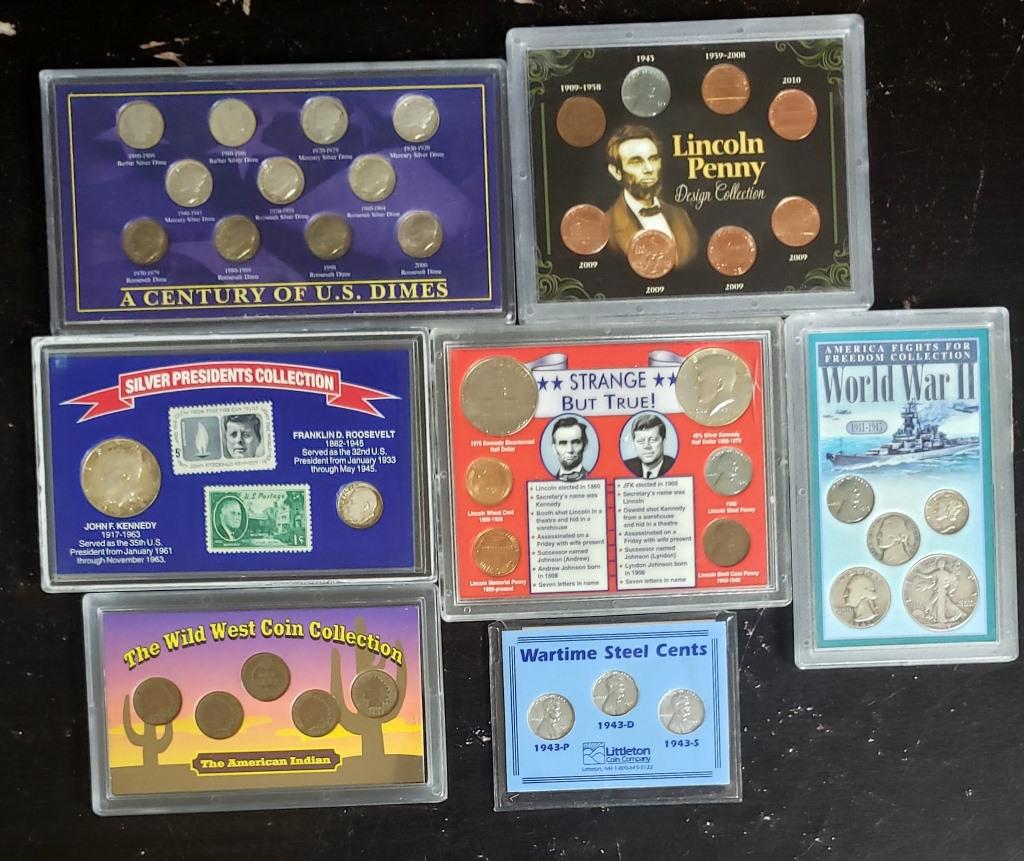 7-TRIBUTE U.S. COIN SETS: STRANGE BUT TRUE SET,: AMERICA FIGHTS FOR FREEDOM WWII w/SILVER WALKING LIBERTY, SILVER PRESIDENTS COLLECTION, A CENTURY OF U.S. DIMES, THE WILD WEST, WARTIME STEEL, LINCOLN PENNY DESIGN