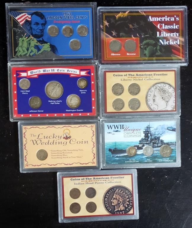 7-TRIBUTE U.S. COIN SETS: WORLD WAR II COIN SERIES: THE LUCKY WEDDING COIN, WWII UNIQUE OBSOLETE COINAGE, AMERICA'S CLASSIC LIBERTY NICKELS, INDIAN HEAD AMERICAN FRONTIER, NICKELS AMERICAN FRONTIER, 1943 STEEL CENTS