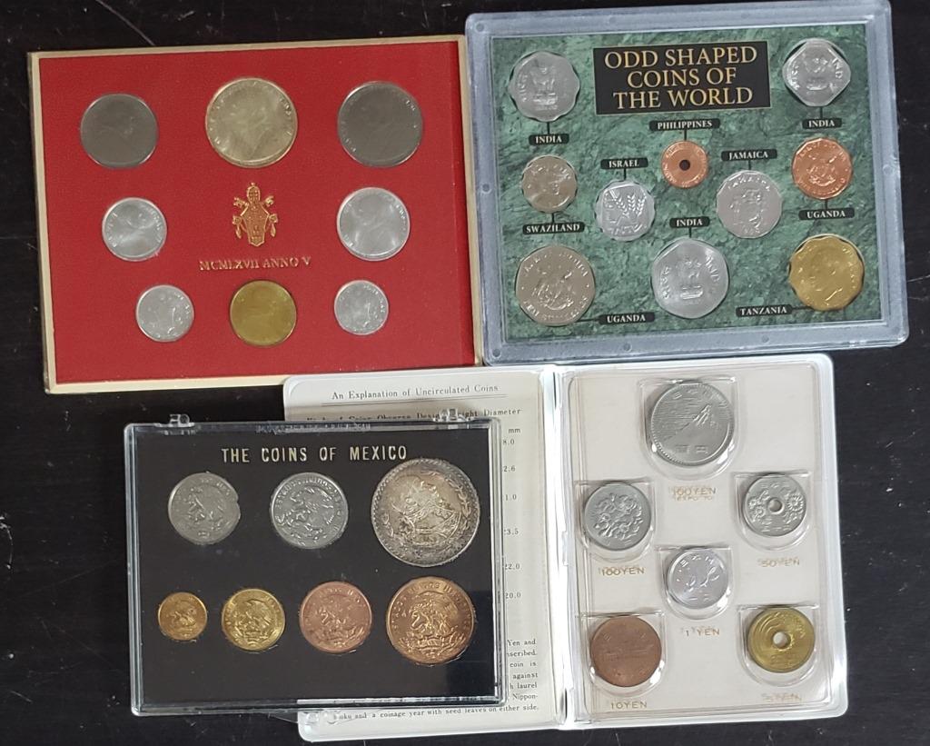 4-FOREIGN COIN SETS/COLLECTIONS: THE COINS OF MEIXICO, MINISTRY OF FINANCE JAPAN 1970, ODD SHAPED COINS OF THE WORLD