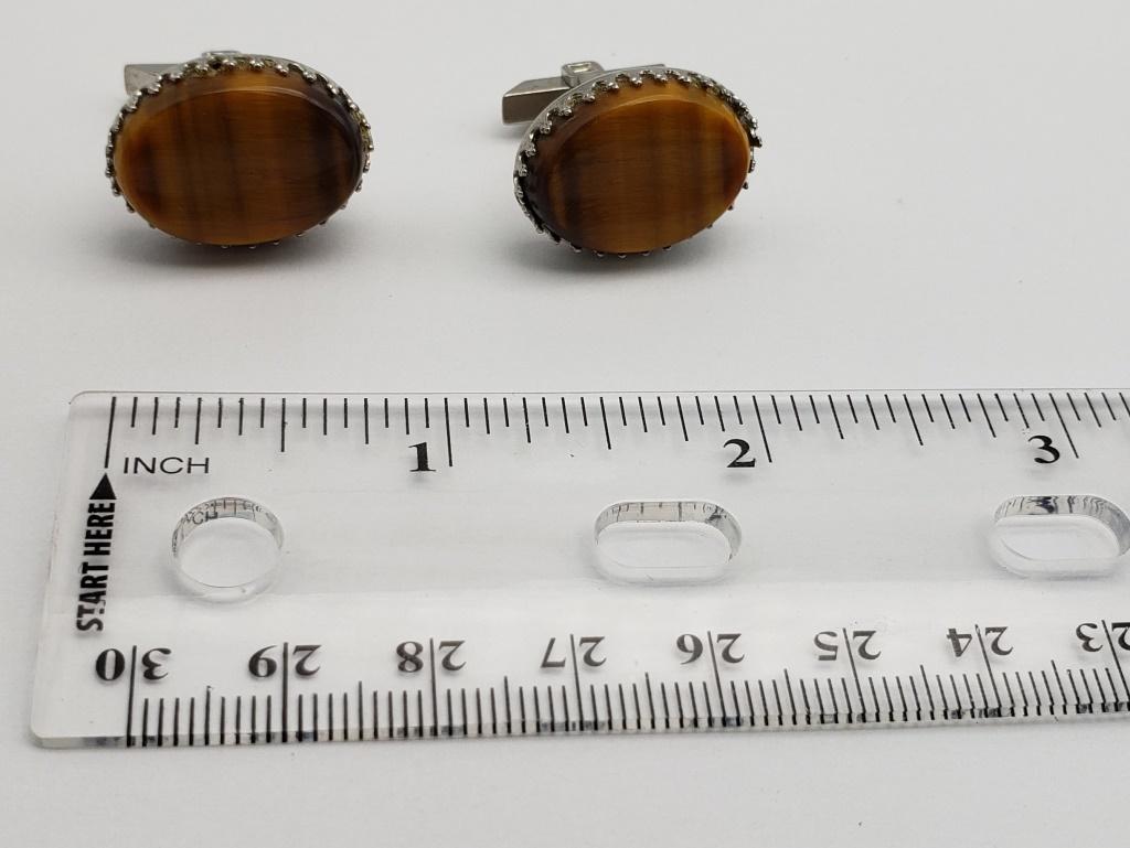 VINTAGE SILVER TONED TIGER EYE CUFF LINKS: REGISTER TO BID TODAY!