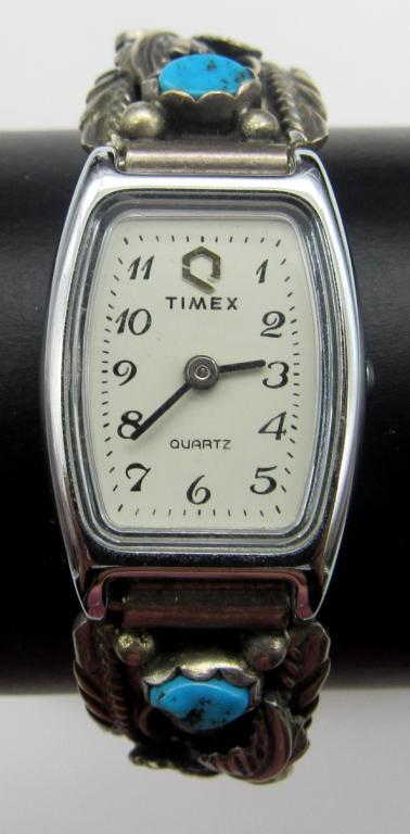 TIMEX WATCH WITH W WEST DENET DALE STERLING: NAVAJO BAND TIPS. WITH TORQUISE STONES