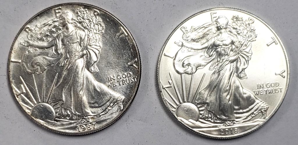 2 - 2018 and 1987 American Silver Eagles 1 oz 999 (1 of 2)