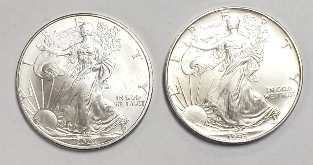 2 -1993 and 2003 American Silver Eagles 1 oz 999 (1 of 2)