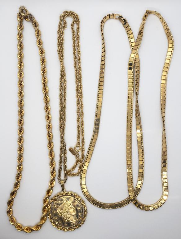 4-GOLD TONED NECKLACES (1)FAUX GOLD COIN: PENDANT (2)MONET (1)AVON & (1)BEELINE. VINTAGE!