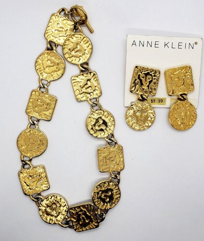 VINTAGE ANNE KLEIN LION PANEL NECKLACE WITH: MATCHING CLIP ON EARRINGS