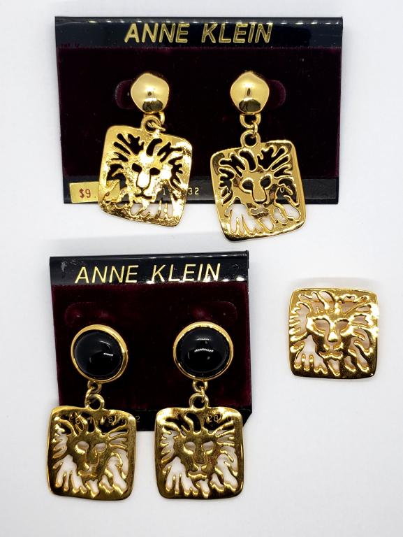 VINTAGE ANNE KLEIN GOLD TONED LION PIERCED: EARRINGS PLUS LION BROOCH