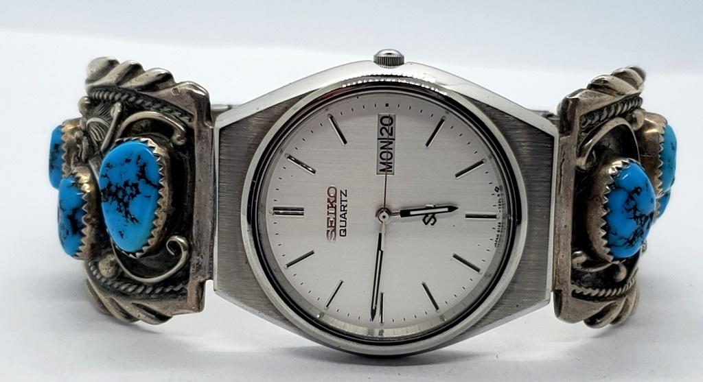 LES BAKER "LB" SIGNED WATCH TIPS/WATCH: BEAUTIFUL STERLING & TURQUOISE TIPS w/SEIKO WATCH RUNNING (54.5 dwt)