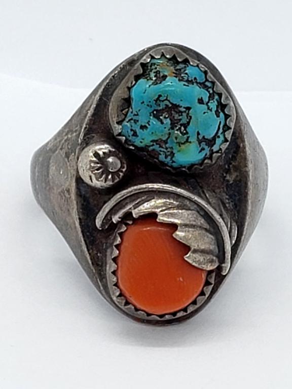 TURQUOISE / CORAL MENS STERLING RING (1 of 5)