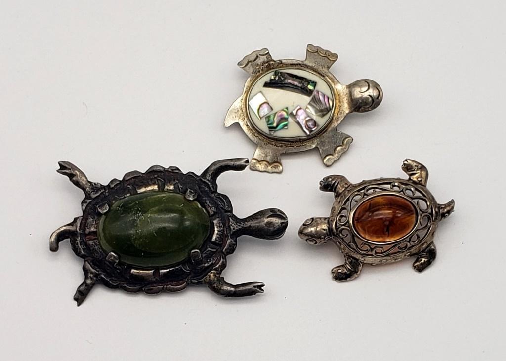 3-STERLING TURTLE PINS: JADE, ABALONE: BALTIC AMBER - ALL MARKED - (18.3 dwt) SUPER CUTE