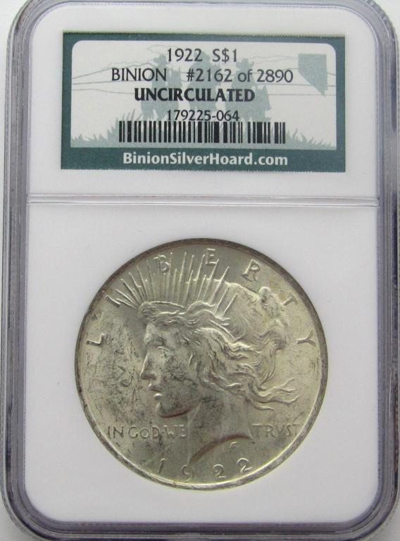 1922-P Peace Silver Dollar Binion #2162 of 2890 NG: BID NOW