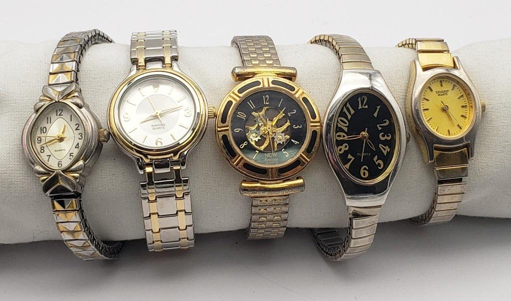 5-VINTAGE WOMAN'S WRISTWATCHES: SHARP, DIAMOND, (2)QUARTZ, ARMITRON. ALL ARE UNTESTED