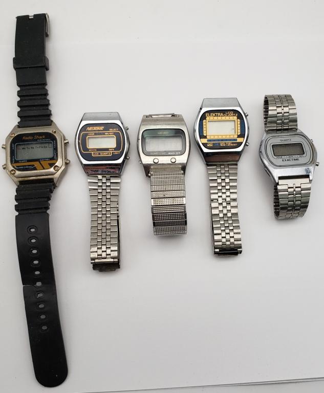 5-VINTAGE MEN'S DIGITAL SILVER TONED WRISTWATCHES: SEIKO, EXACTIMES, RADIO SHAK, ELECTRA, NELSONIC.ALL WATCHES ARE UNTESTED