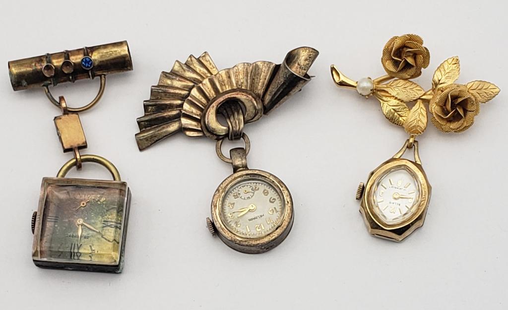 3-VINTAGE LADIES PIN/LAPEL WATCHES: BELAIR; HELBROS; CRAWFORD - ALL CONSIDERED NON-WORKING UNLESS MENTIONED