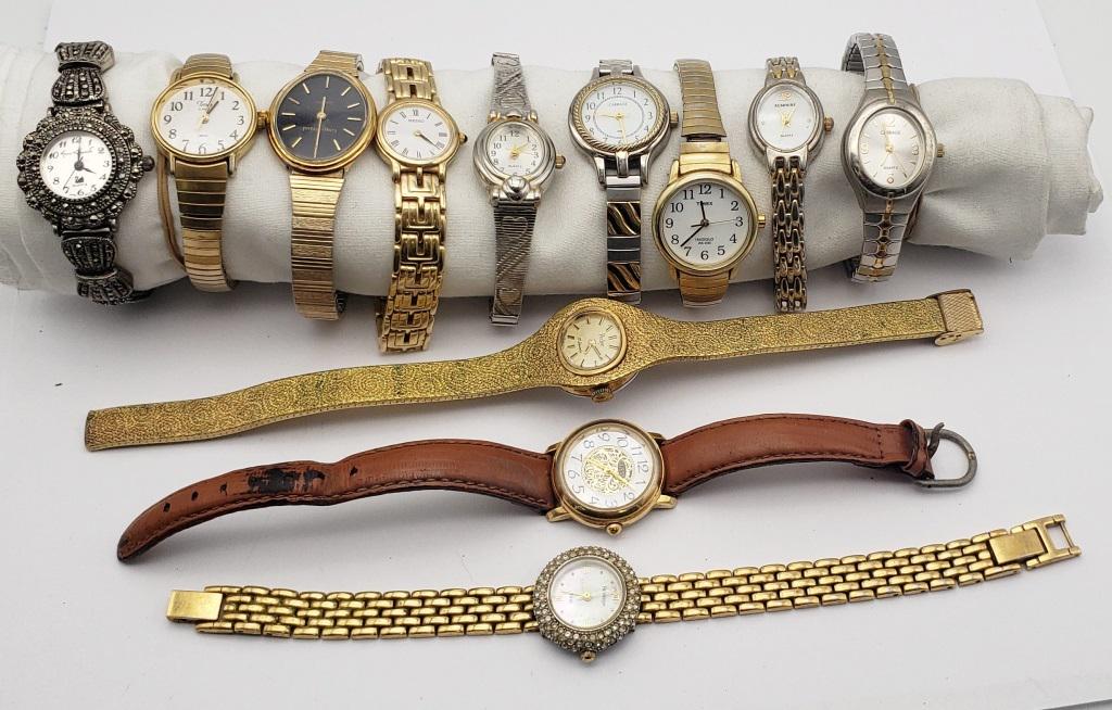 12-LADIES WRIST WATCHES - SOME NICE BRANDS: GLORIE VANDERBELT MARCASITE, TIMEX, SEIKO & MORE - SOME RUNNING - NEEDS BATTERIES
