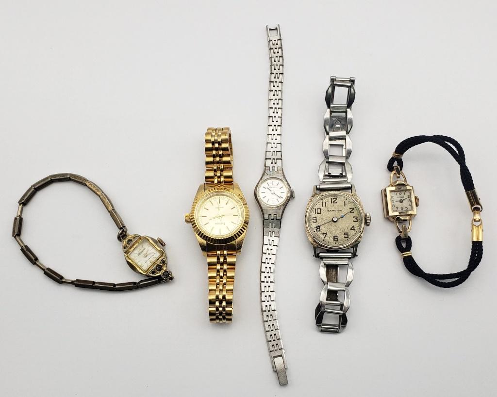 5-VINTAGE WOMAN'S WRISTWATCHES: HAM, LONGUNE, PERRAUX, SEIKO, UNITRON. ALL WATCHES ARE UNTESTED